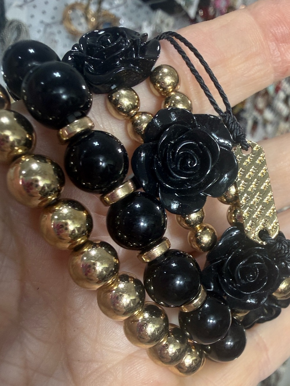 Black Rose Stretch Bracelets set with Gold Beads brand new back in stock!!
